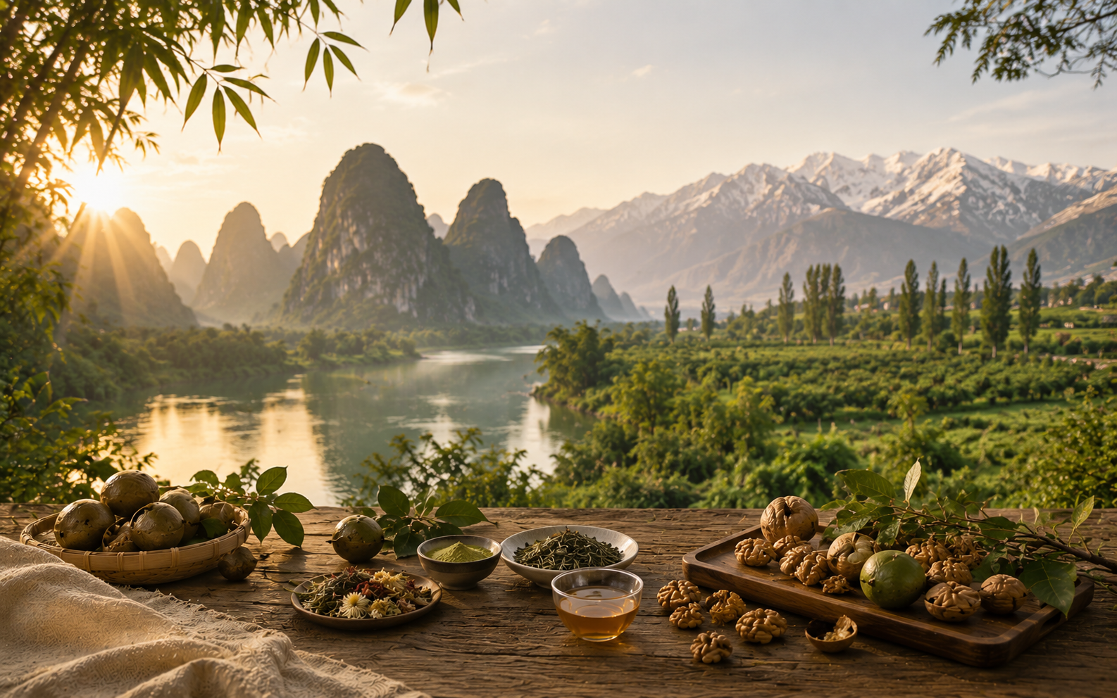 Chinese tea terraces at golden hour showing authentic origin
