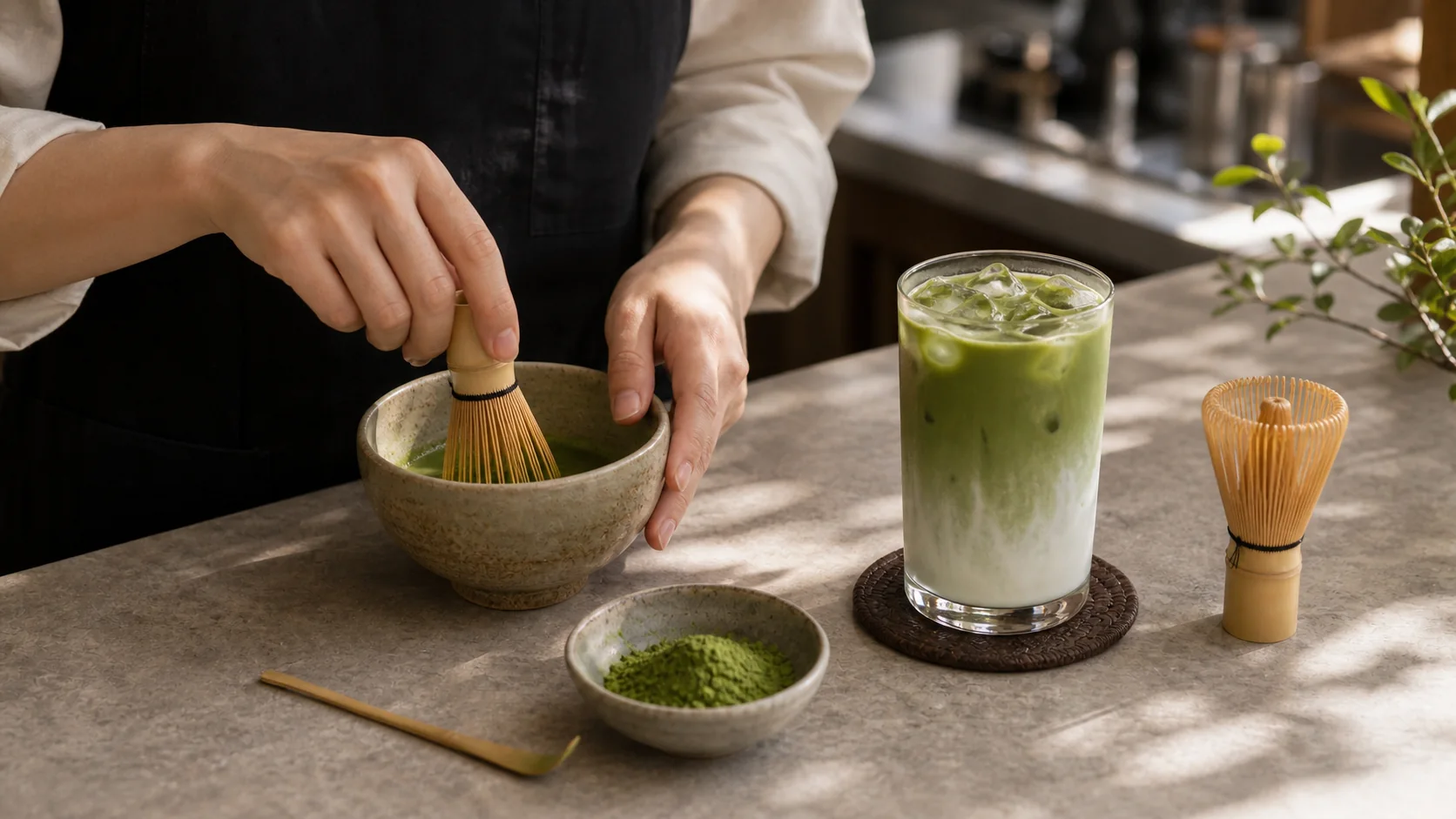 A barista whisking matcha beside an iced matcha latte on a cafe counter