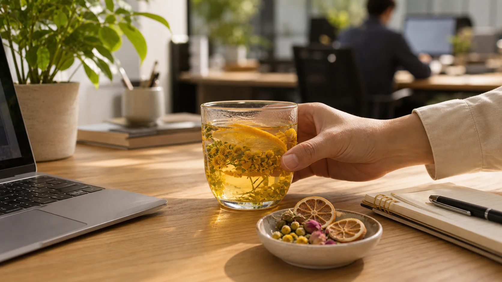 A warm botanical citrus tea cup being placed beside a laptop in a modern office