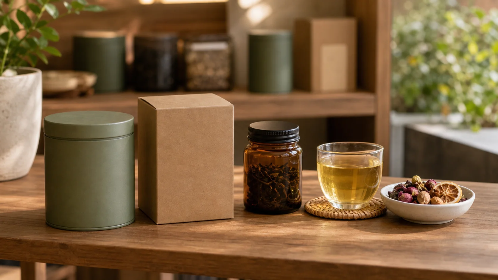 A sparse retail tea collection display with a green tin, kraft box, glass jar, brewed tea, and botanicals