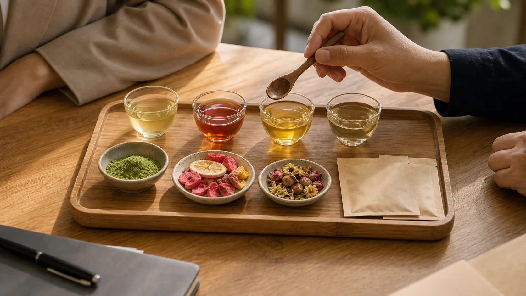 A compact tea tasting tray with brewed samples, matcha powder, fruit pieces, and botanical ingredients